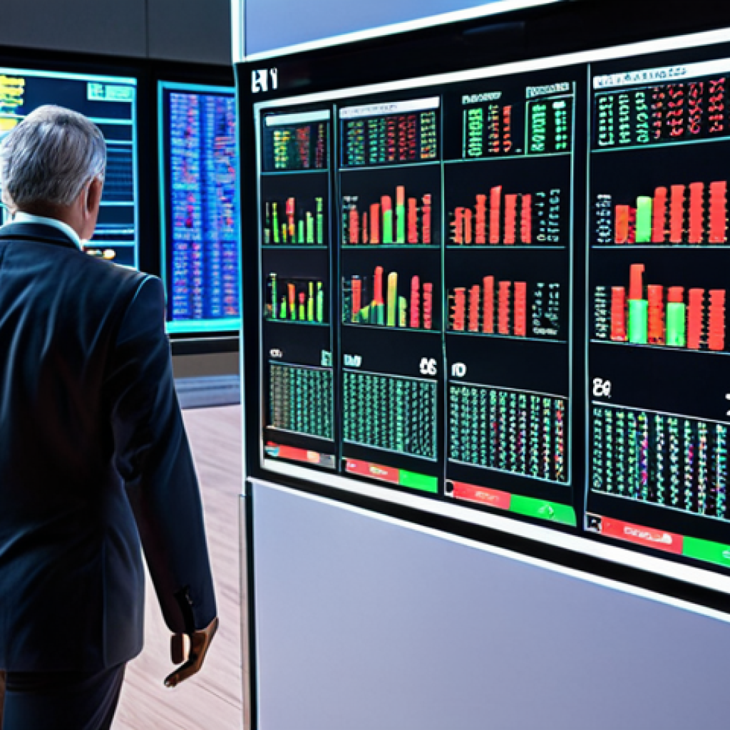 **Prompt:** A bustling stock market floor reimagined with holographic AI interfaces overlaying traditional ticker boards. Analysts in modern business attire are consulting data streams projected by AI algorithms, making rapid investment decisions. The scene should convey both the speed and analytical power of AI in today's financial markets.
